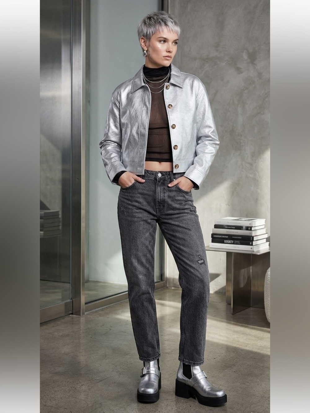 NIA VENUS JACKET Metallic Silver vegan leather  size small Edgy Streatwear.
